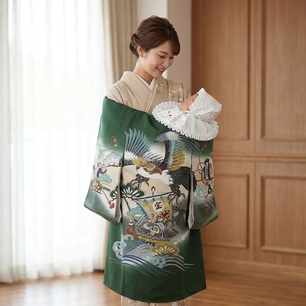 お宮参り産着／深緑地に鷹と宝船の祝い着／男児