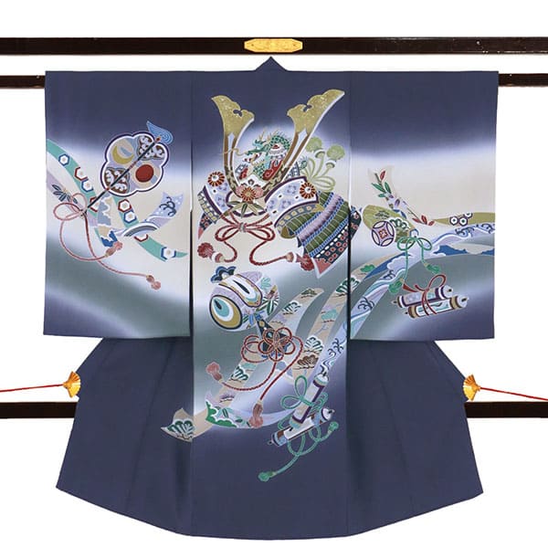 お宮参り産着／青褐（あおかち）色に兜の祝い着／男児