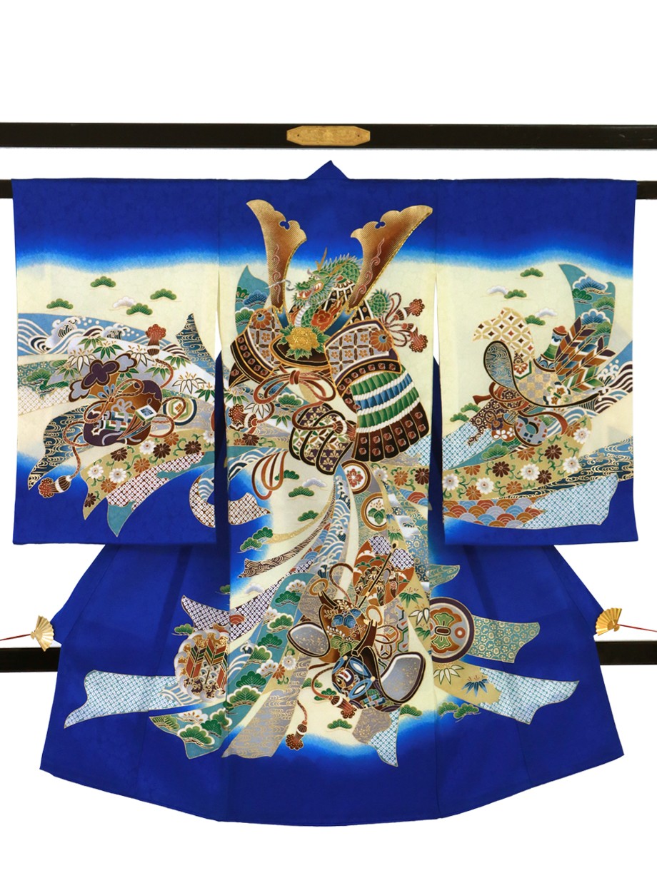 明るい瑠璃色地に兜と束ね熨斗の祝い着 産着 男児 宅配着物レンタルの京都かしきもの