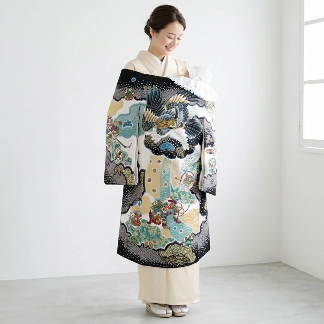 【新品】日本製 お宮参り 産着 総疋田鹿子模様柄 黒色 刺繍入り 合繊 祝着 お宮参り産着レンタル／黒地に疋田（ひった）柄、鷹の祝い着／男児
