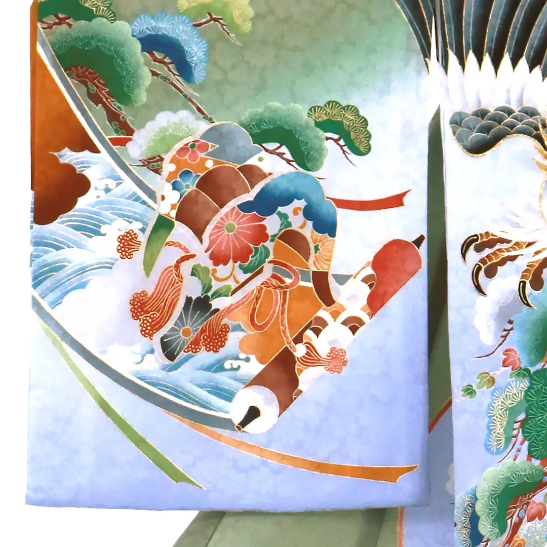 お宮参り産着／薄抹茶色に鷹の祝い着／男児／左袖詳細