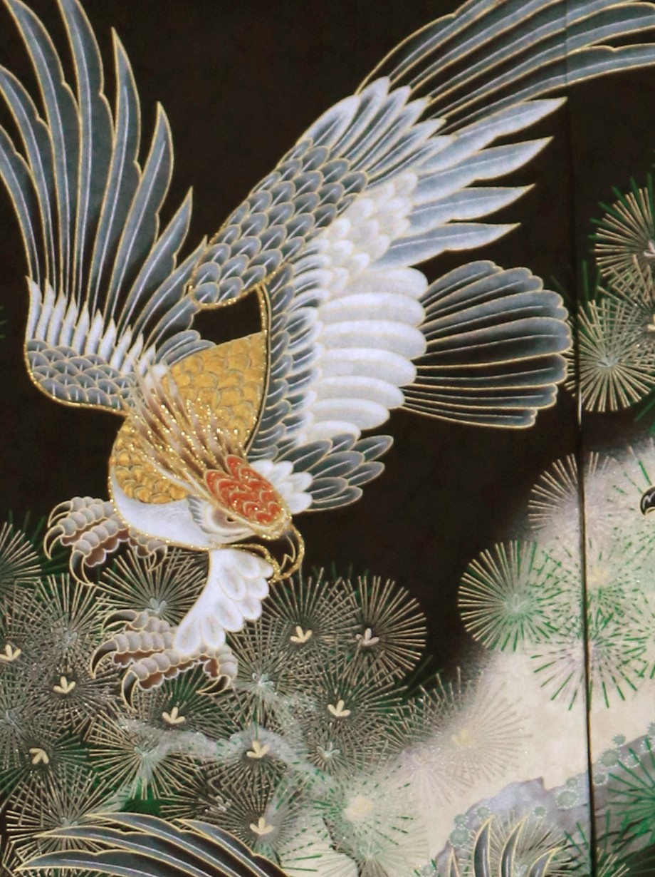 お宮参り産着／黒地に四羽の鷹と松の祝い着／男児／背中詳細