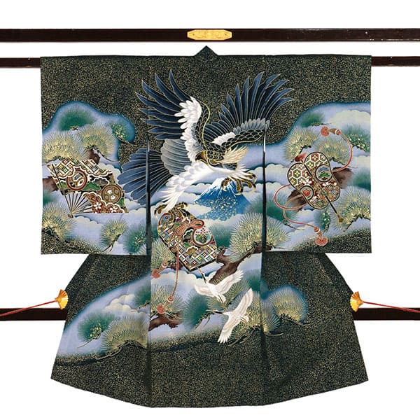 お宮参り産着／濃緑に金箔、鷹と富士の祝い着／男児