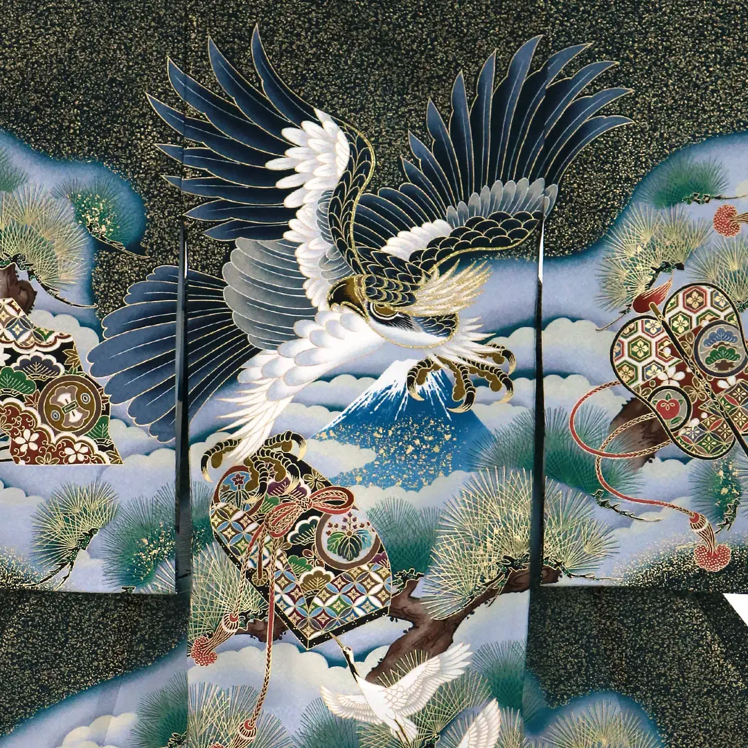 お宮参り産着／濃緑に金箔、鷹と富士の祝い着／男児／背中詳細