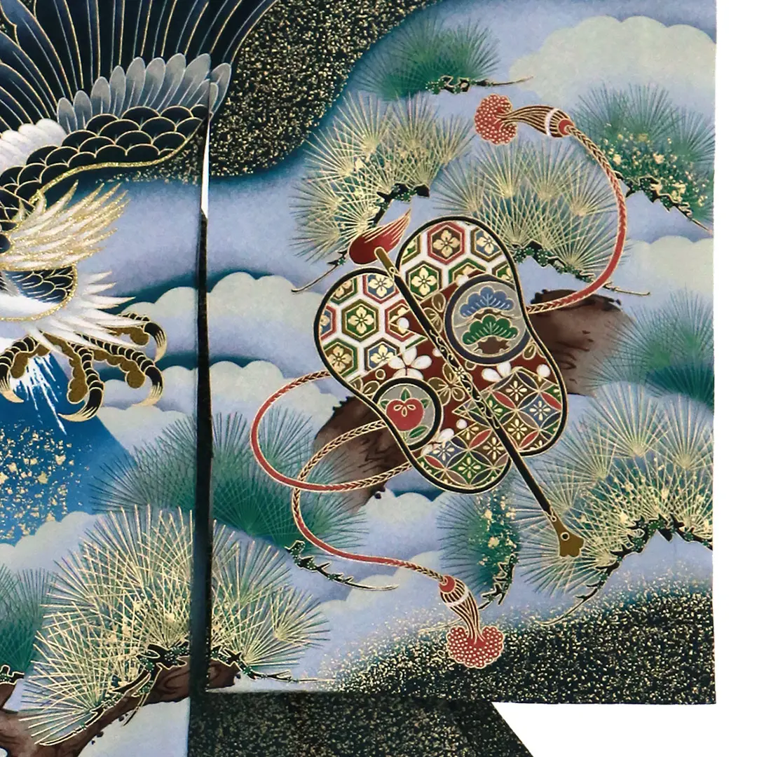 お宮参り産着／濃緑に金箔、鷹と富士の祝い着／男児／右裾詳細