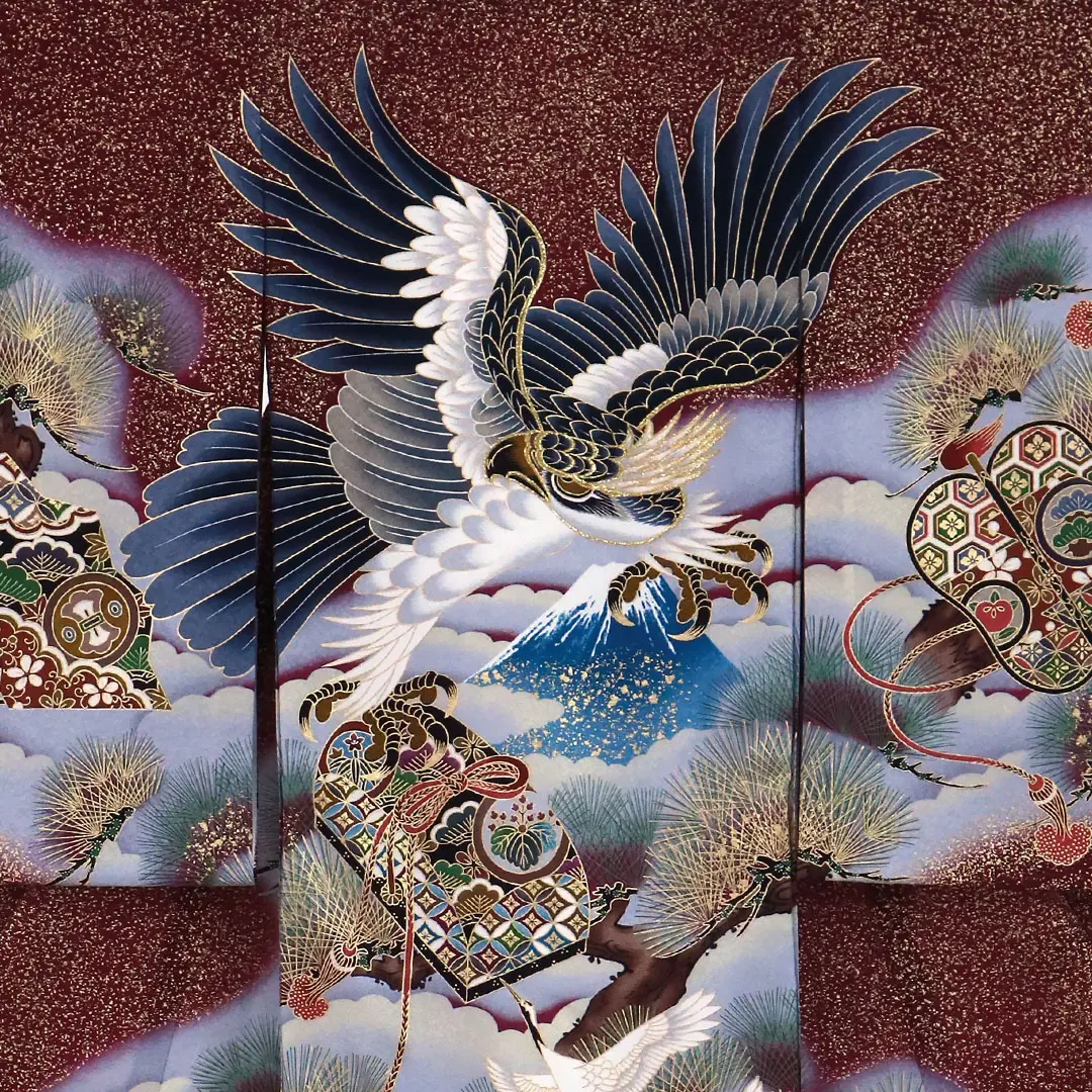 お宮参り産着／紫檀（したん）色に金箔、鷹と富士の祝い着／男児／背中詳細