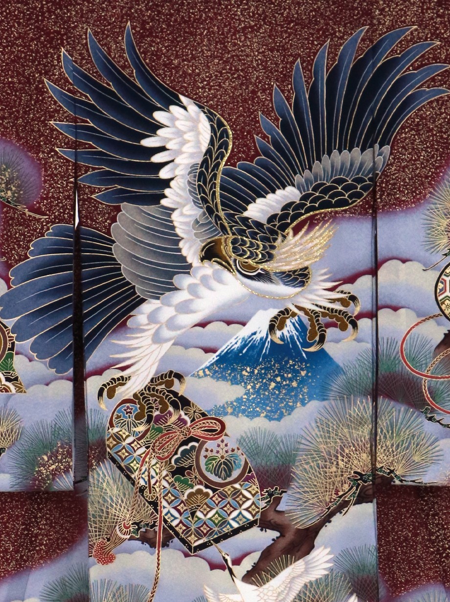 紫檀（したん）色に金箔、鷹と富士の祝い着（産着）／男児
