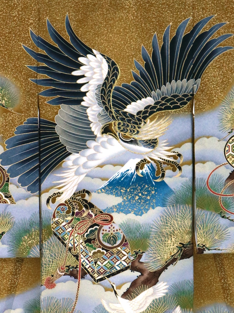 桑茶に金箔、鷹と富士の祝い着（産着）／男児