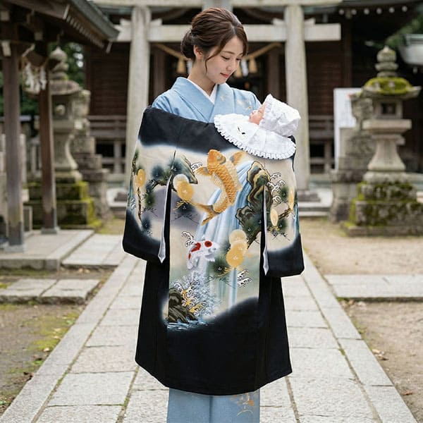 お宮参り産着／【刺繍】 黒地に鯉と滝の祝い着／男児