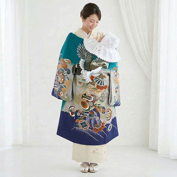 お宮参り産着／テールグリーンに鷹と打ち出の小槌の祝い着／男児（ポリエステル）