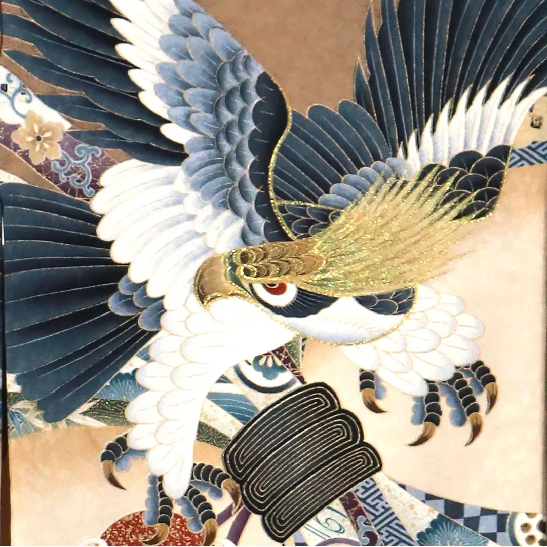 お宮参り産着／薄茶色に鷹と束ね熨斗、吉祥文様の祝い着／男児 | お