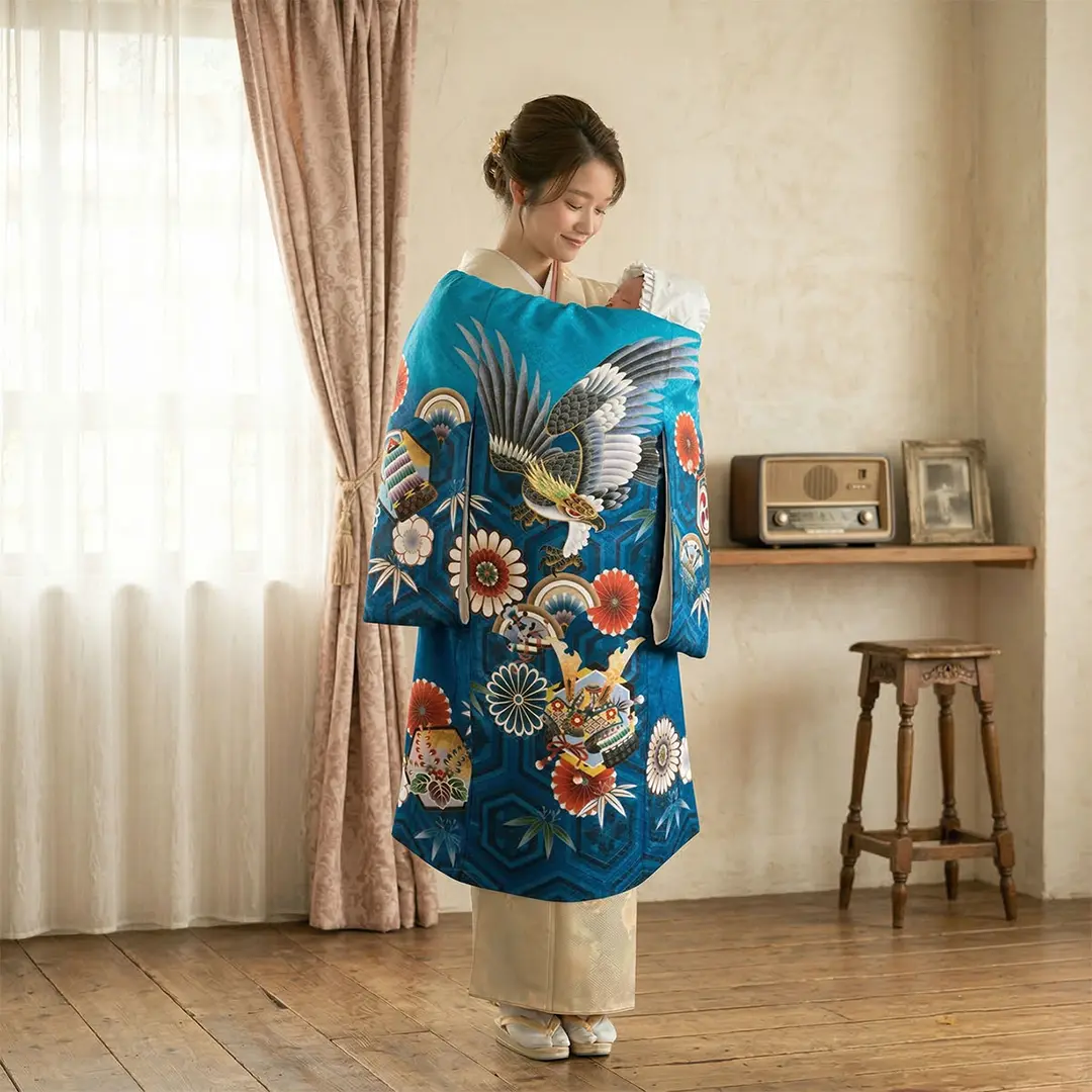お宮参り　産着　祝い着　美品 お宮参り産着／薄藍色に鷹と兜の祝い着／男児（ポリエステル） | お