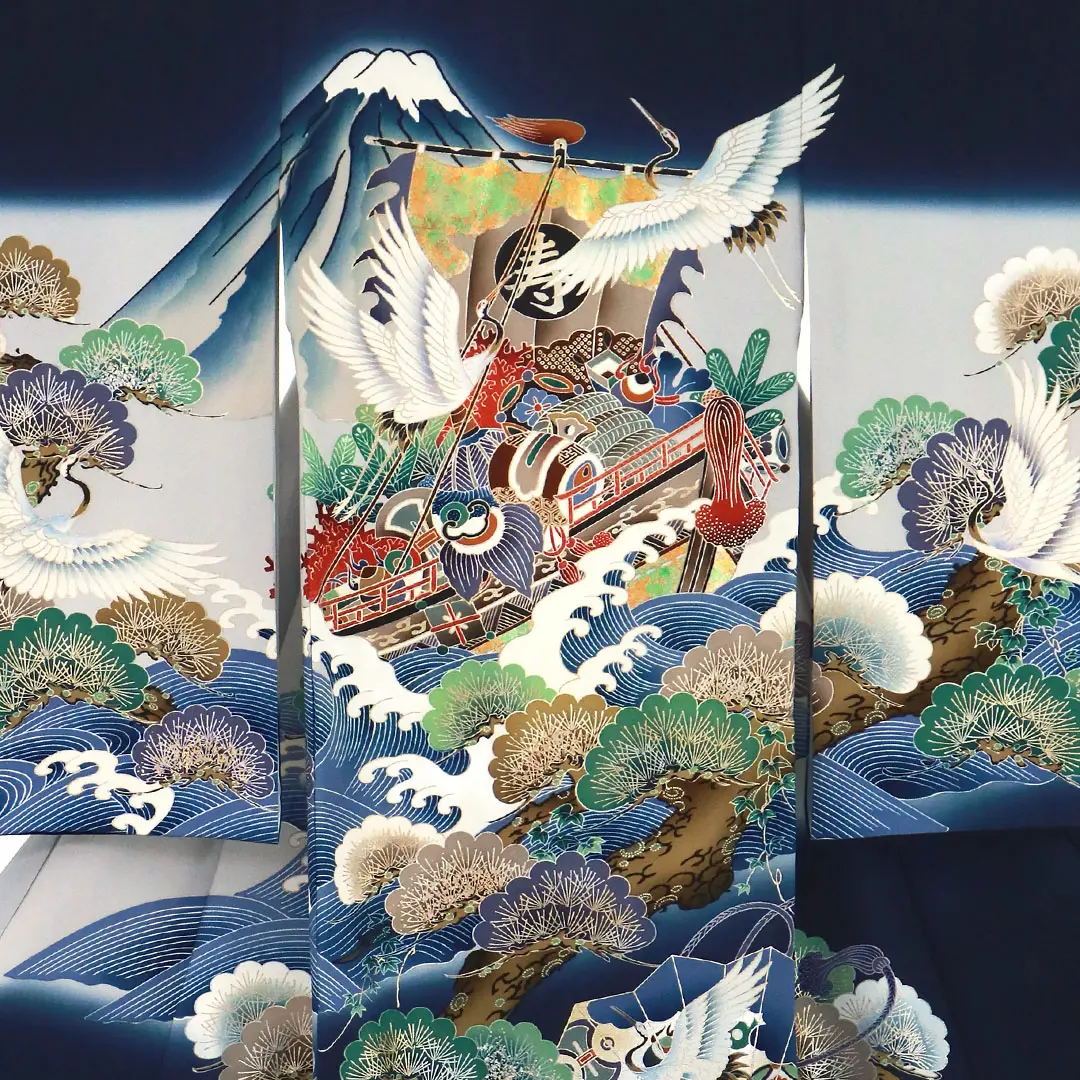 お宮参り産着／紺地に宝船と鶴、松の祝い着／男児／背中詳細