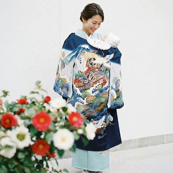 お宮参り産着／紺地に宝船と鶴、松の祝い着／男児