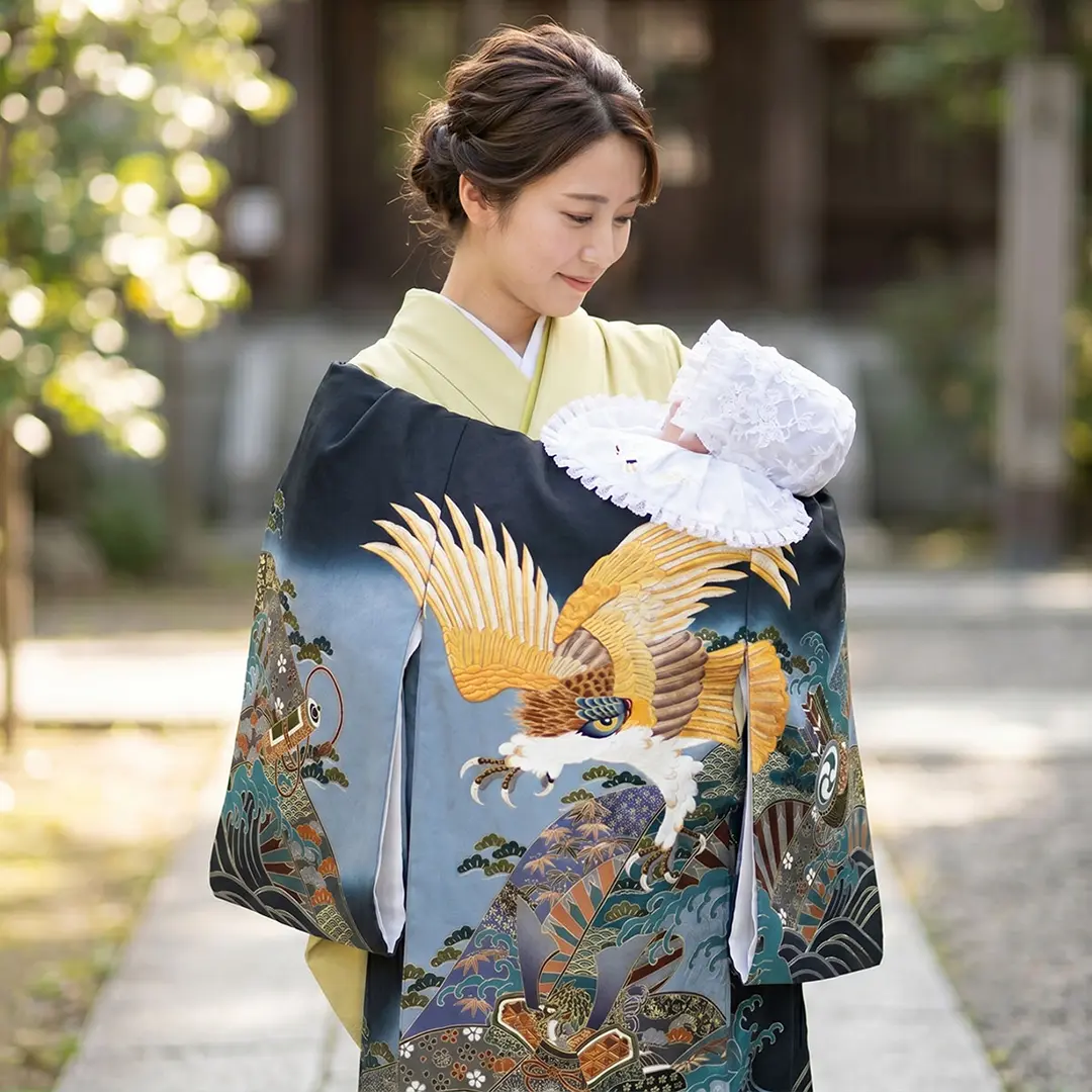 お宮参り産着レンタル／紺地に黄金の鷹、兜に波の祝い着／男児 | お