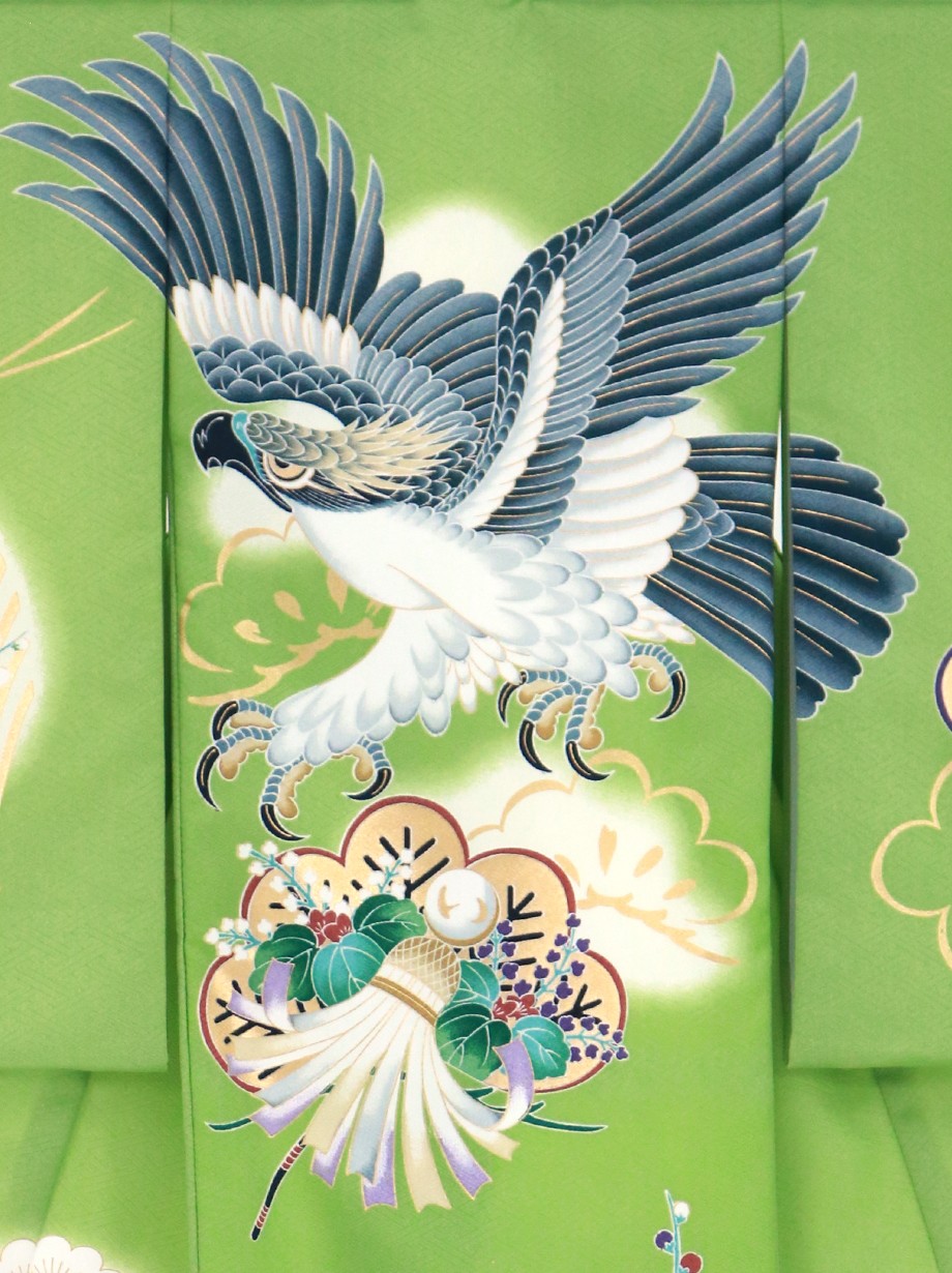 黄色の鷹と松刺繍着物 初宮参り 高品質 あつらえ品(オーダーメイド) 黄色の鷹と松刺繍着物 初宮参り 高品質 あつらえ品(オーダー