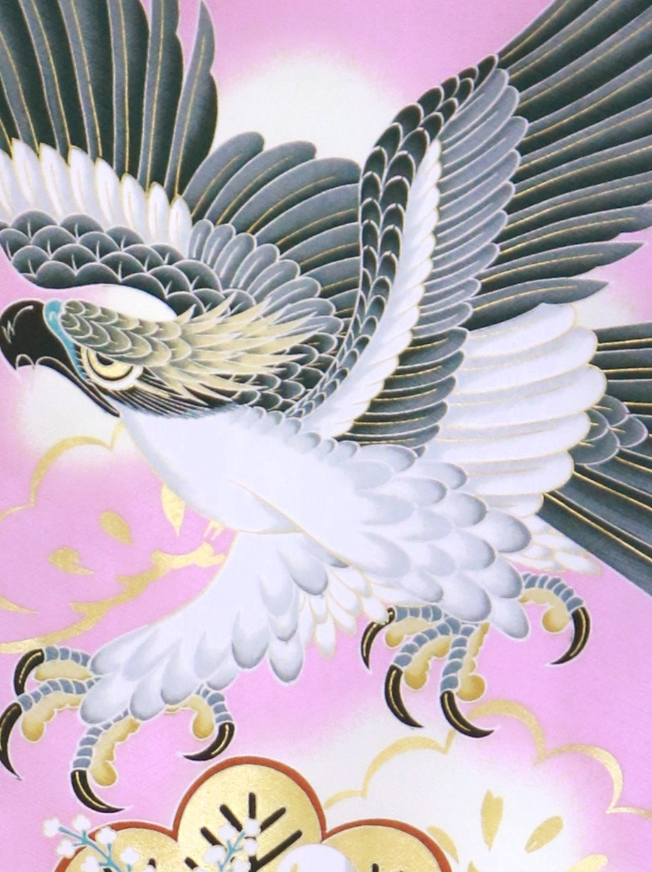 菖蒲（あやめ）色に鷹と松・梅の祝い着（産着）／男児（ポリエステル）