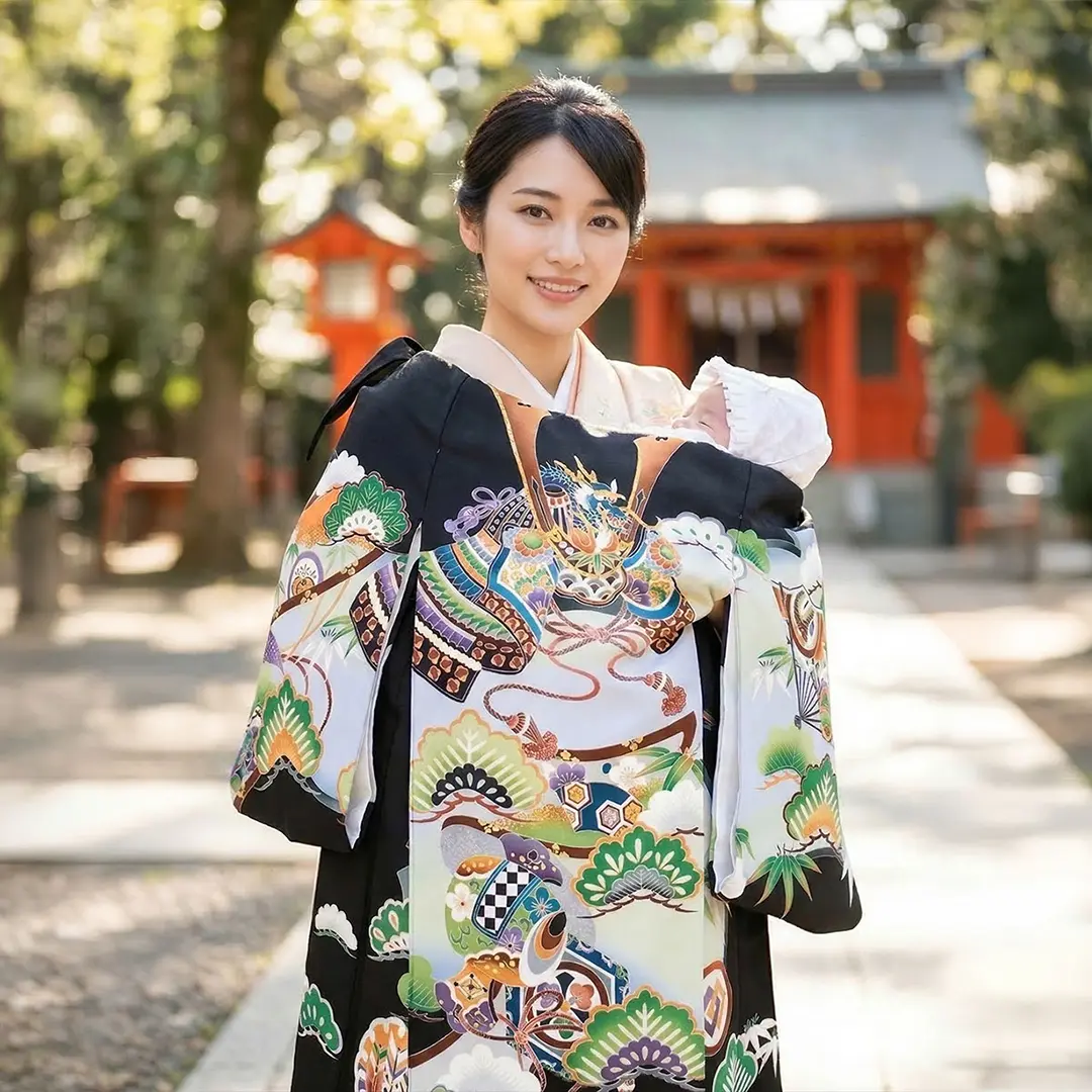 お祝い 産着 かけ着 お宮参り 祝着 兜・松・扇 お宮参り産着／黒地に兜と小槌、松の祝い着／男児 | お宮参りの産着