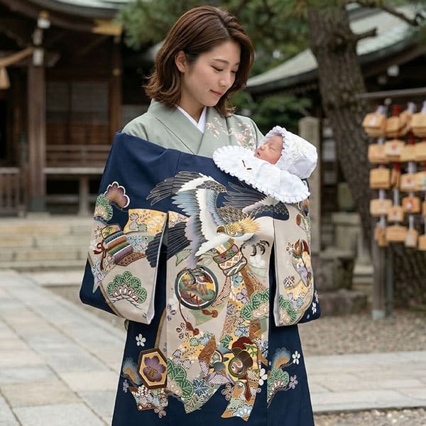 お宮参り産着／紺地に鷹と束ね熨斗の祝い着／男児