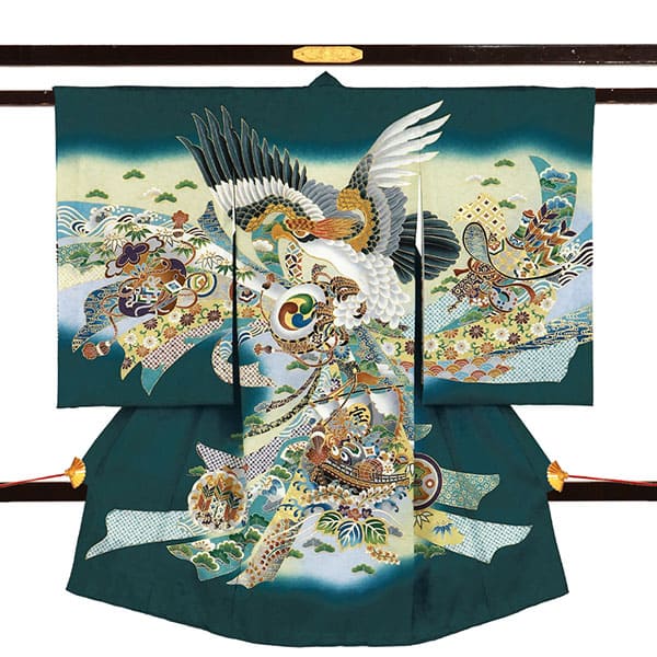 お宮参り産着／深緑地に鷹と束ね熨斗、宝船の祝い着／男児