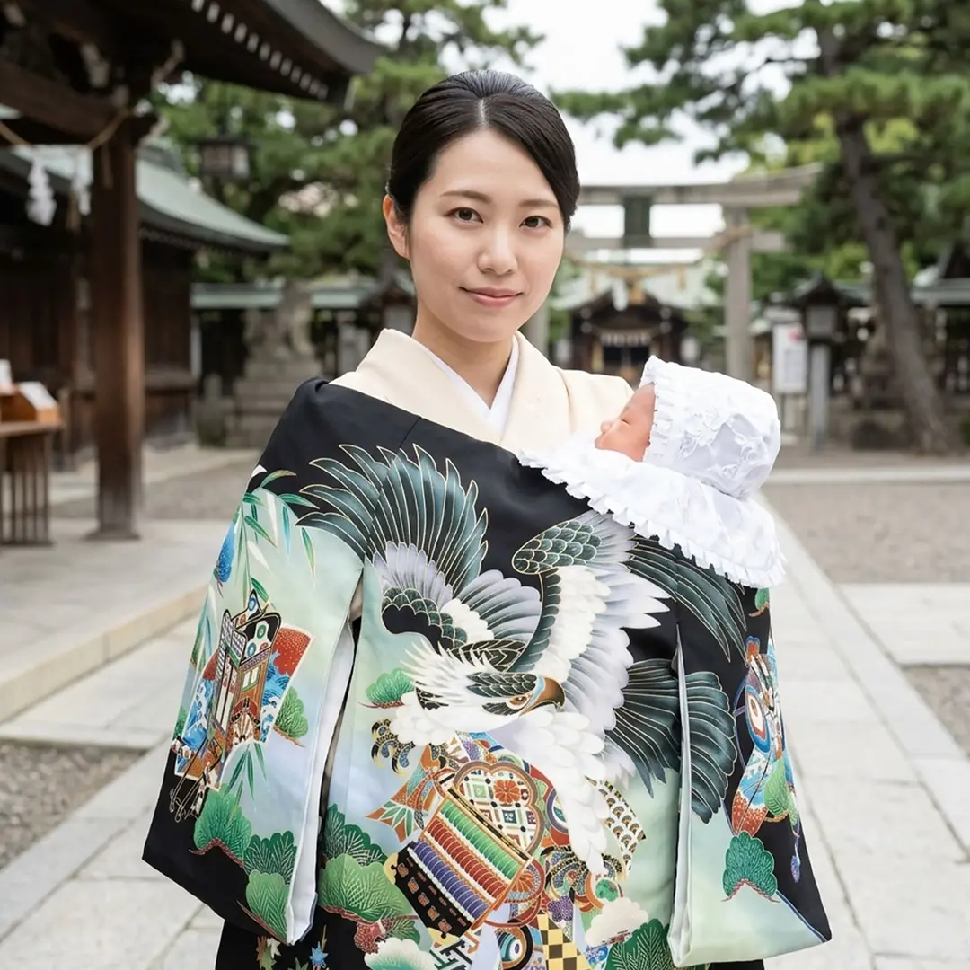 お宮参り産着／黒地に鷹と熨斗に太鼓の祝い着／男児／着用イメージ