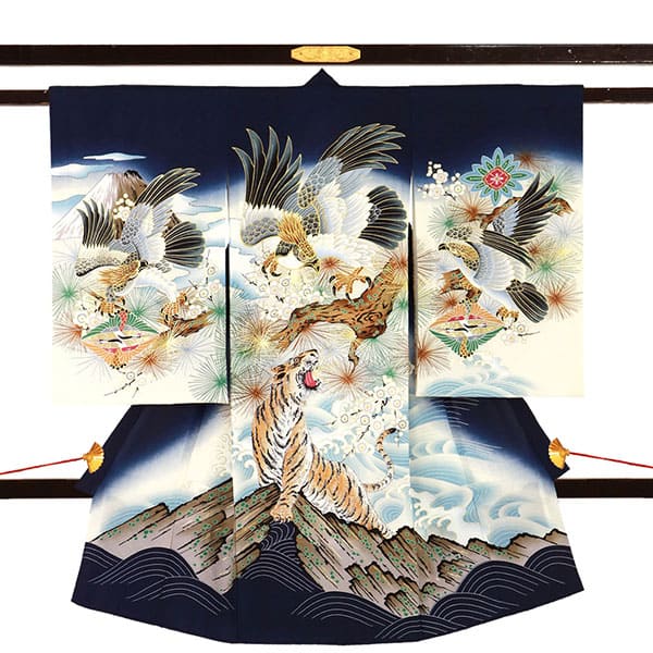 お宮参り産着／紺地に鷹と虎の祝い着／男児