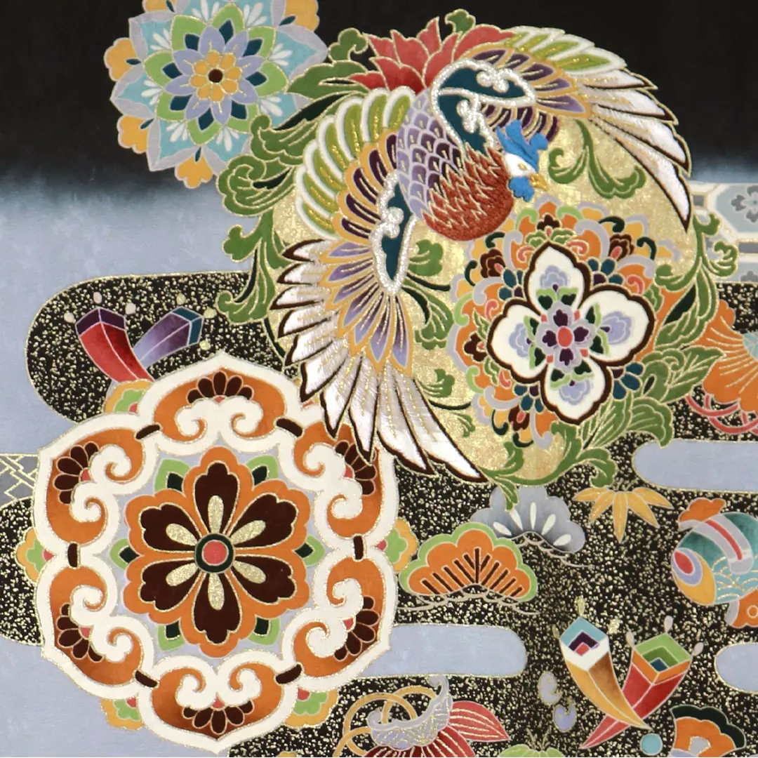 お宮参り産着／黒地に鳳凰と華紋の祝い着／男児／背中の柄詳細