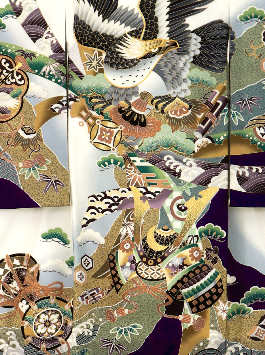 白地に鷹と束ね熨斗、道長取りの祝い着（産着）／男児