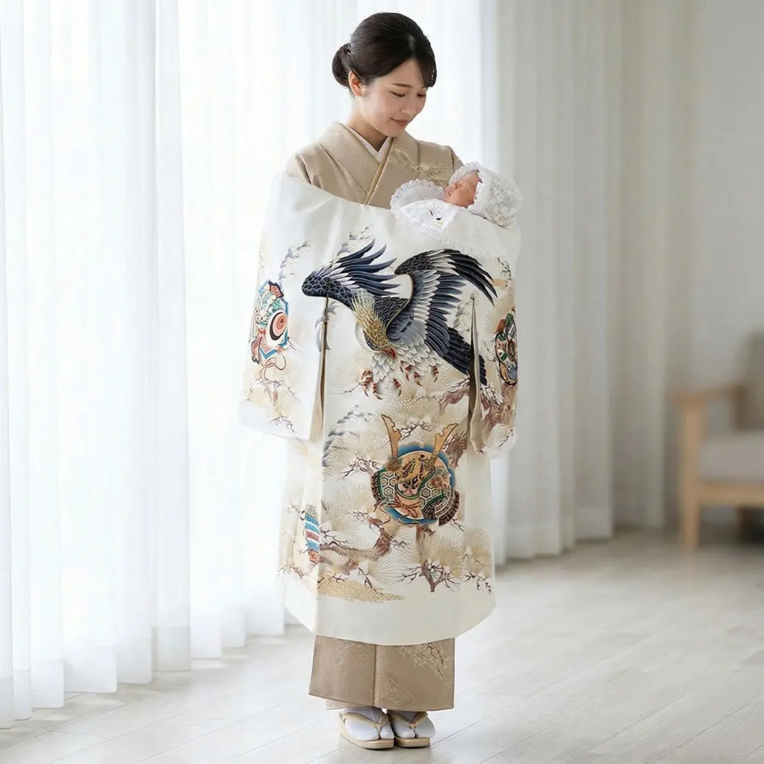 お宮参り産着／白地に鷹と松の祝い着／男児