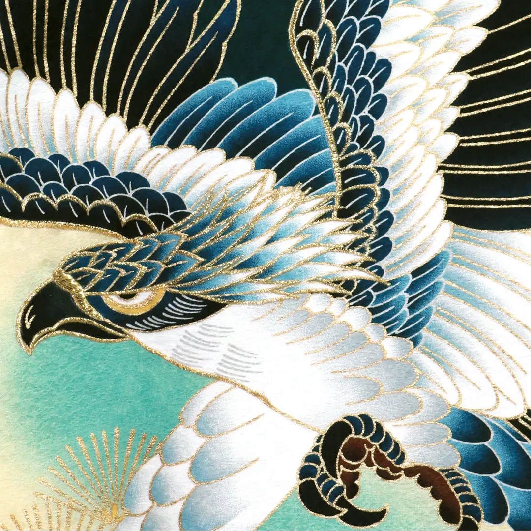 お宮参り産着／緑地に鷹と青松、雪輪の祝い着／男児／背中の柄詳細