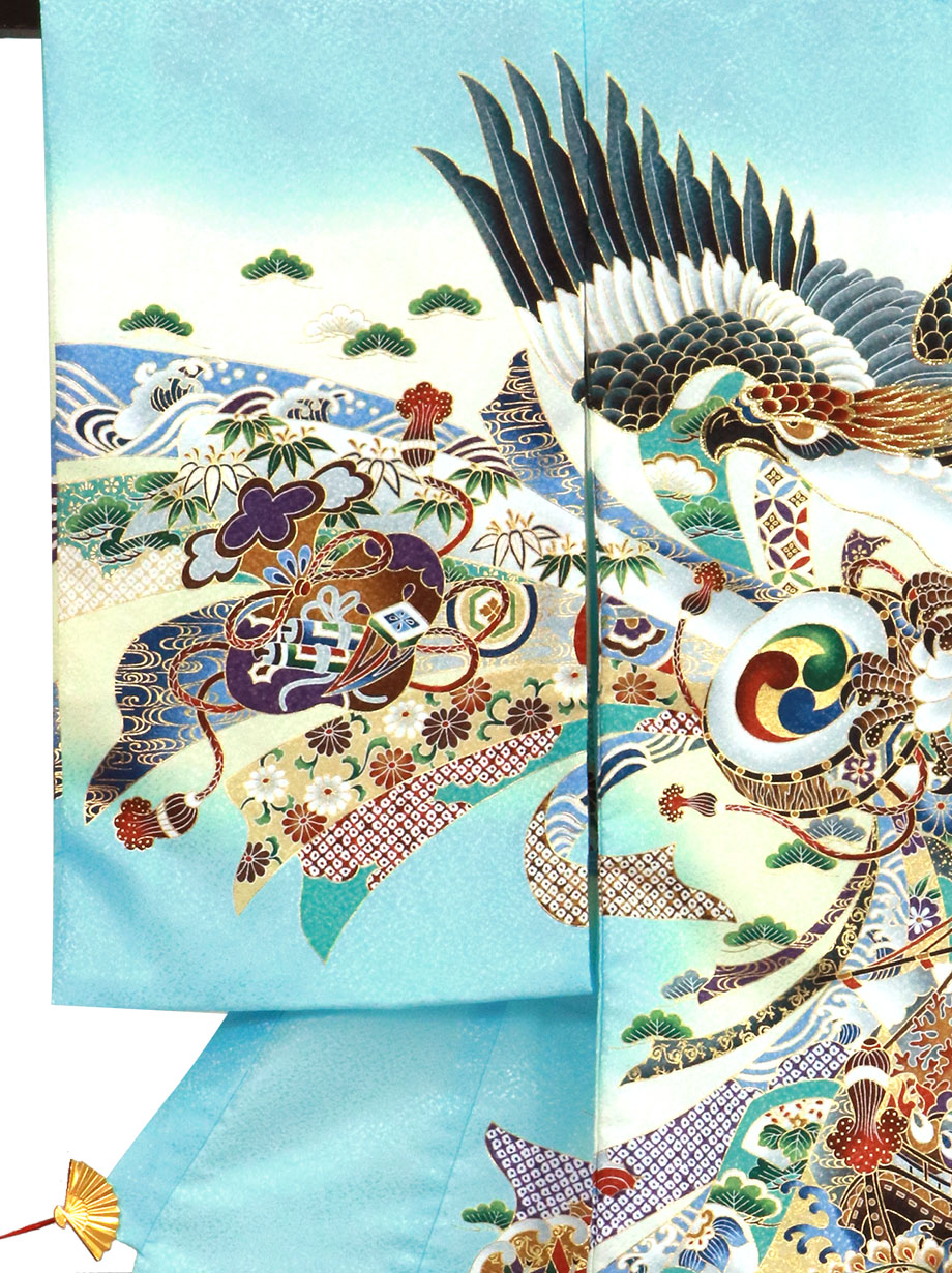 【おシゲ】お宮参り　産着　男の子　水色　鷹模様 着物　初着 おシゲ】お宮参り 産着 男の子 水色 鷹模様 着物 初着 おシゲ】お