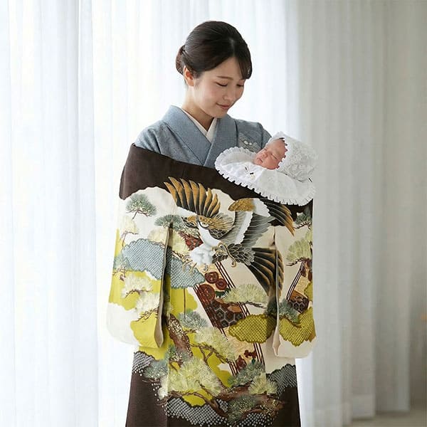 お宮参り産着／黒地に鷹と橋の祝い着／男児