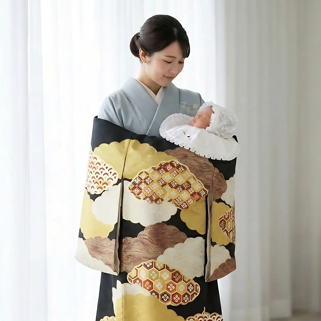 お宮参り産着レンタル／黒地に雲取りと吉祥文様の祝い着／男児 | お