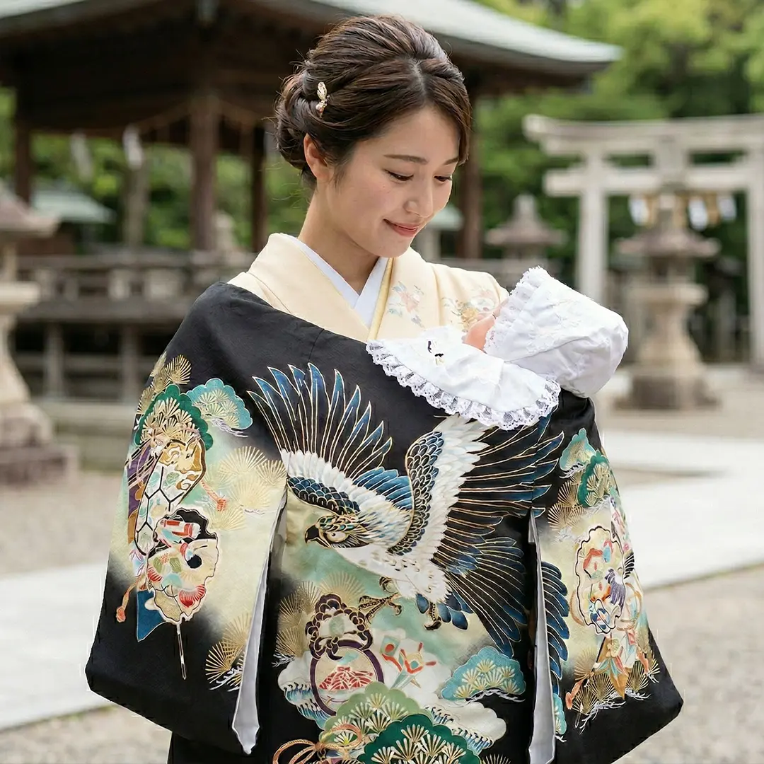 お宮参り産着／黒地に鷹と青松、宝尽くしの祝い着／男児（ポリエステル）