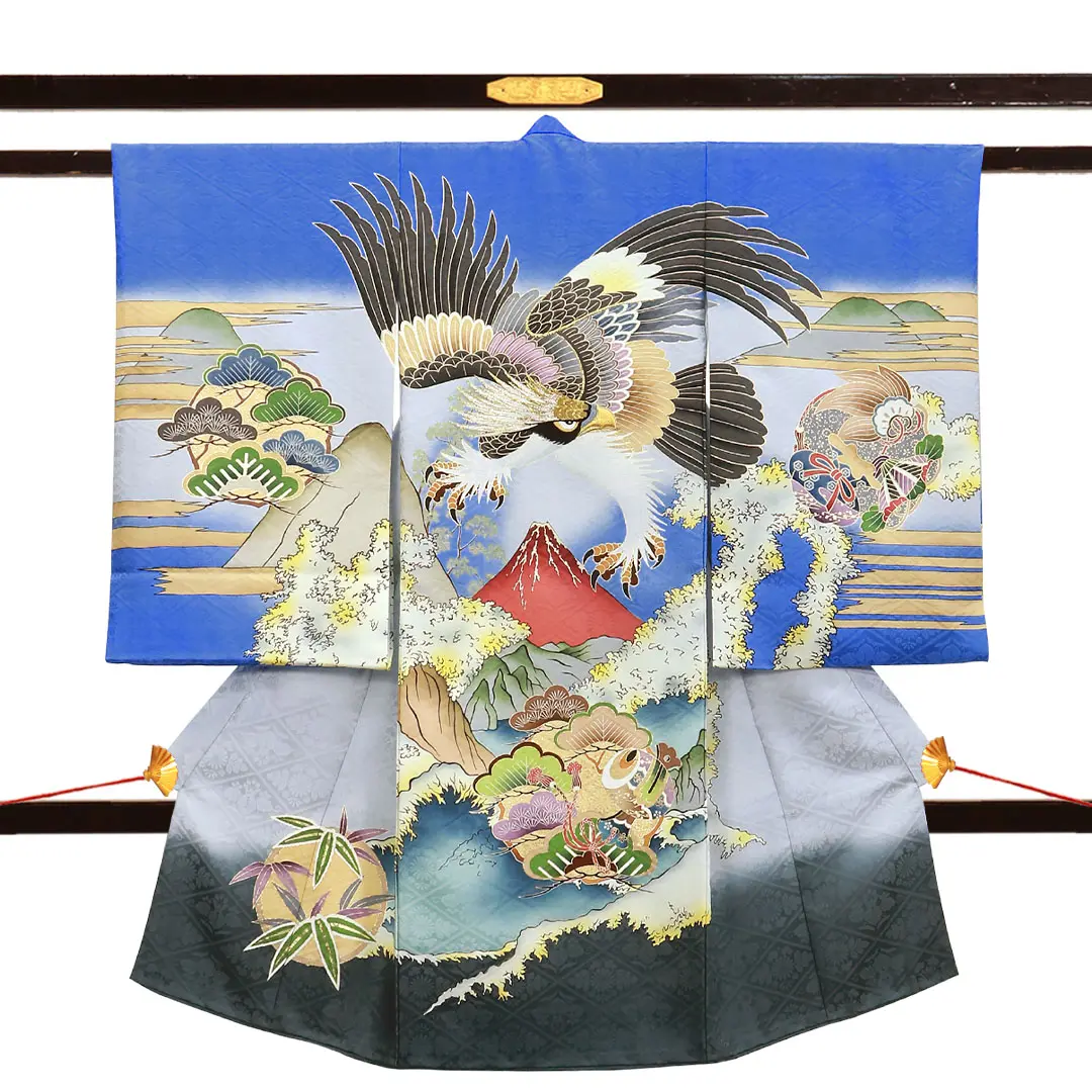 お宮参り産着／青色地に鷹と赤富士の祝い着／男児