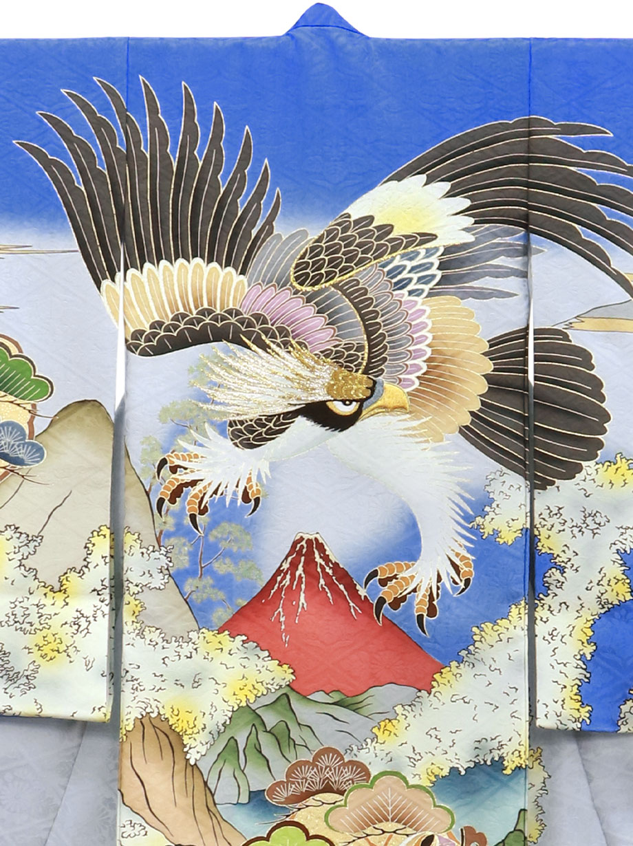 青色地に鷹と赤富士の祝い着（産着）／男児