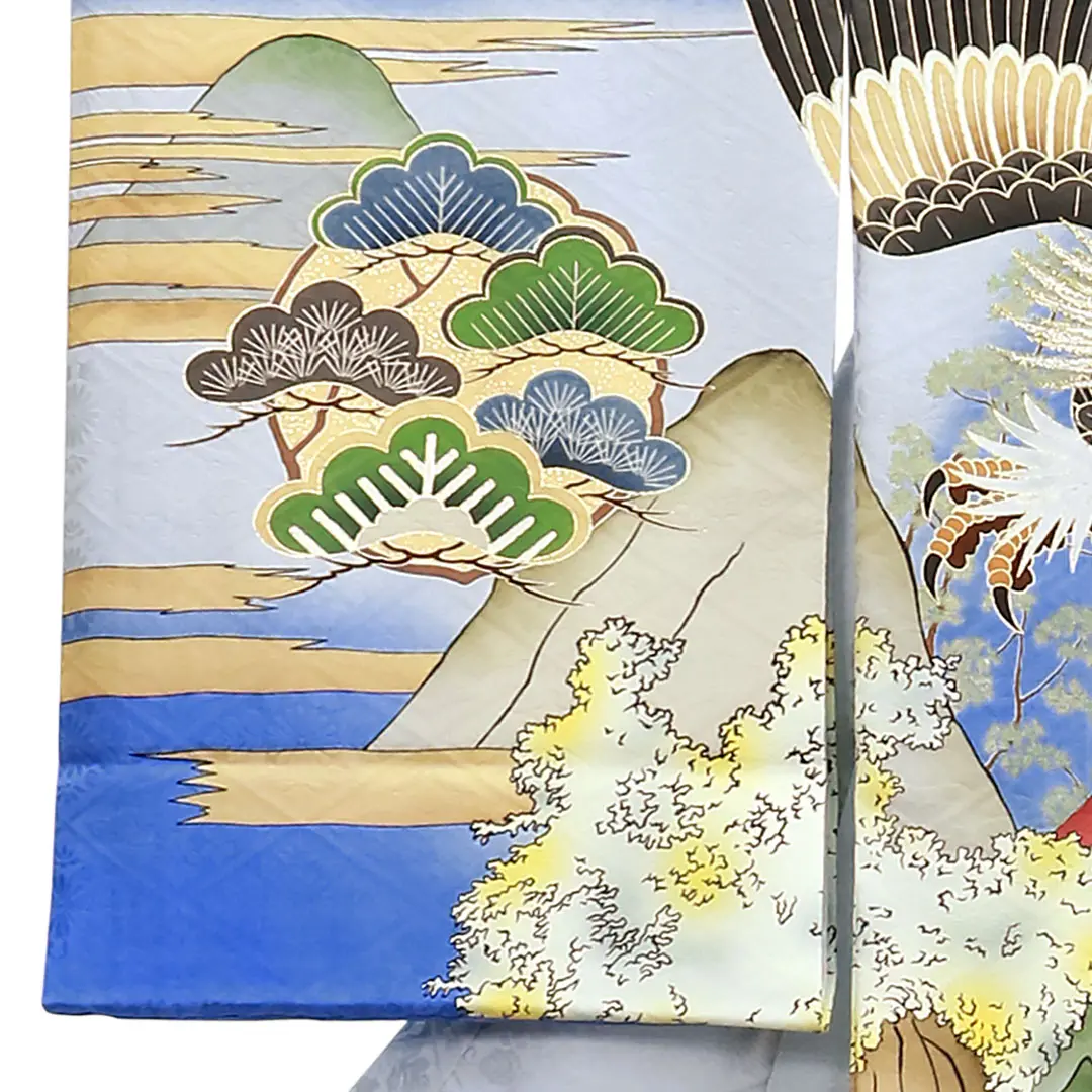 お宮参り産着／青色地に鷹と赤富士の祝い着／男児／左袖詳細