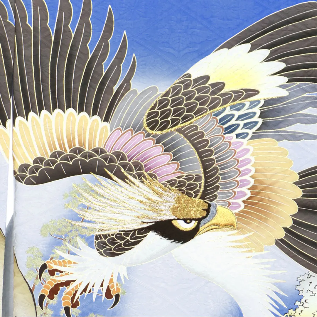 お宮参り産着／青色地に鷹と赤富士の祝い着／男児／背中の柄詳細