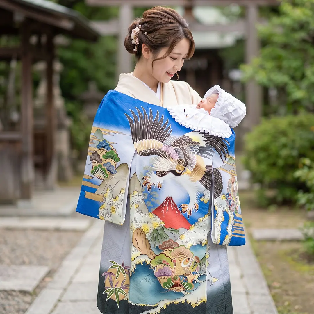 お宮参り産着／青色地に鷹と赤富士の祝い着／男児／着用イメージ