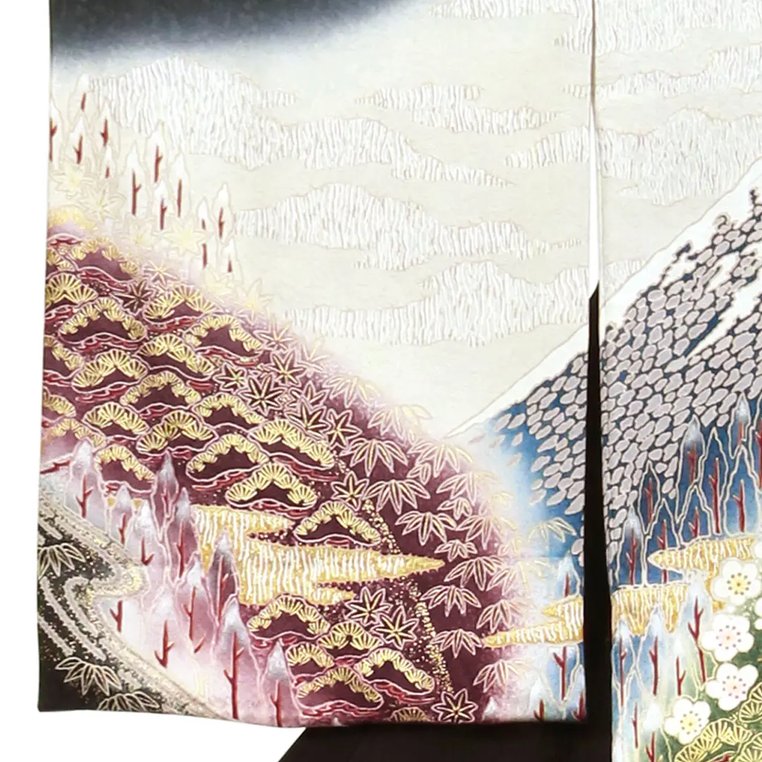 お宮参り産着／黒地に富士山と松竹梅の祝い着／男児／左袖詳細