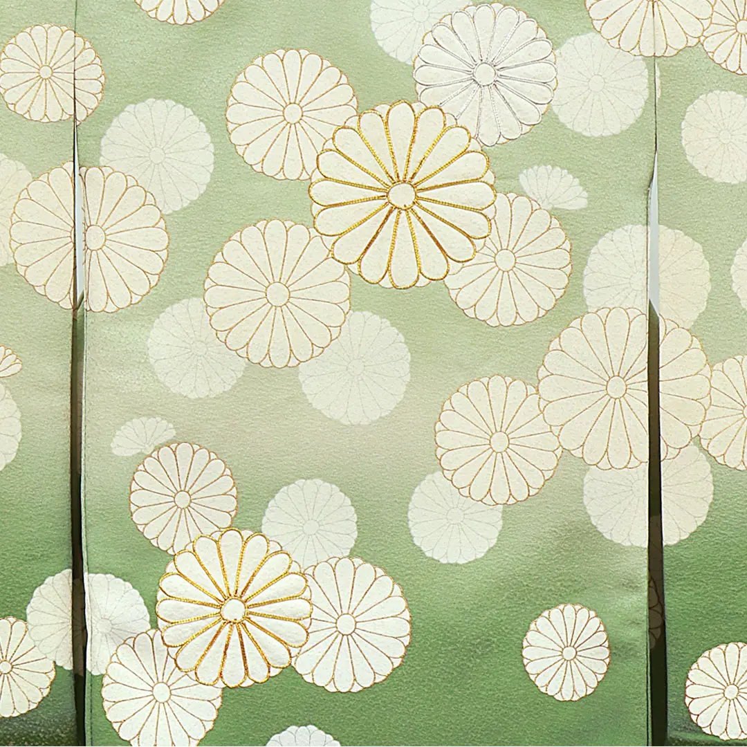 お宮参り産着／千歳緑のぼかしに菊花紋の祝い着／男児／背中の柄詳細