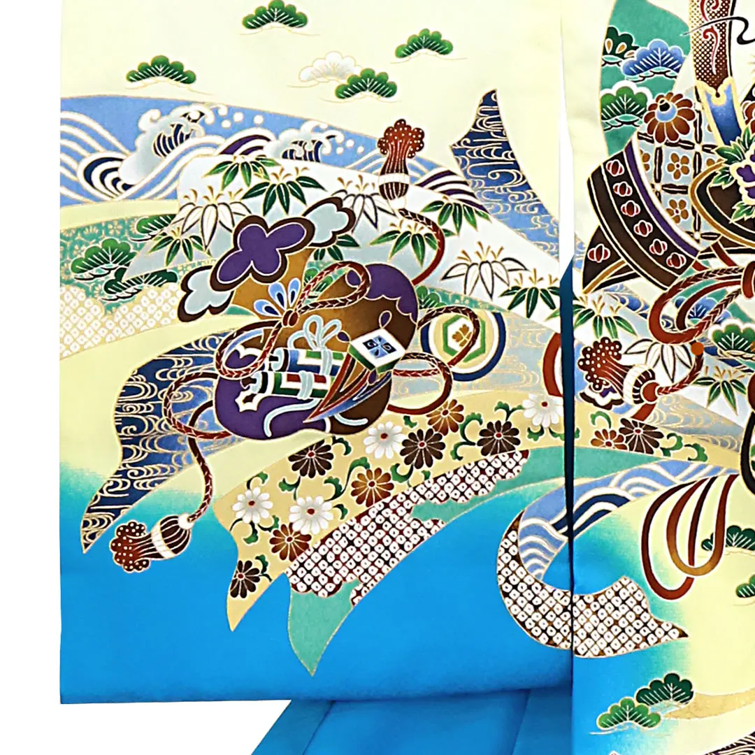 お宮参り産着レンタル／水色地に兜と束ね熨斗の祝い着／男児