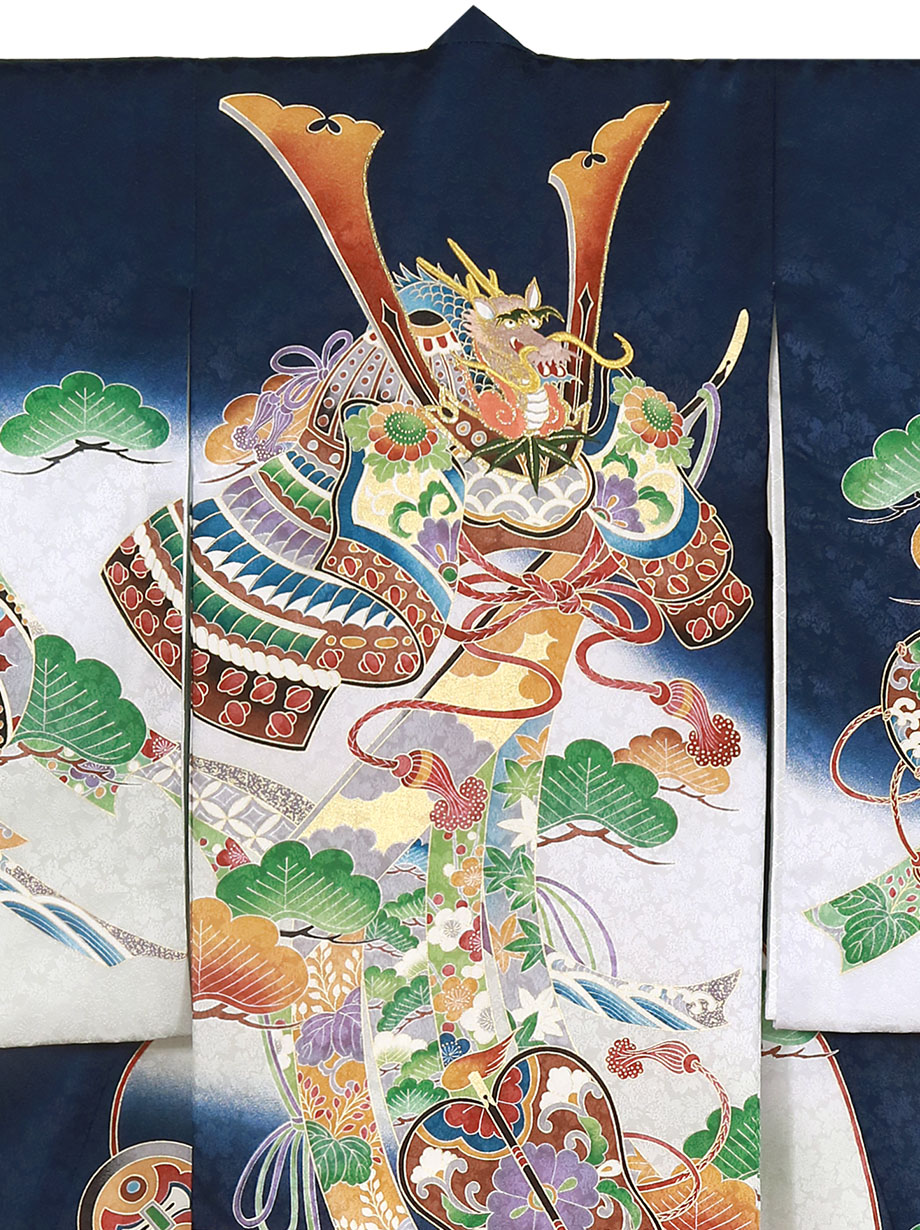 紺地に兜と几帳の祝い着（産着）／男児