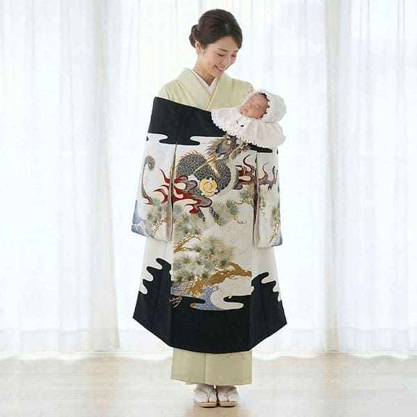 お宮参り産着／黒地に龍と波と松の祝い着（産着）／男児