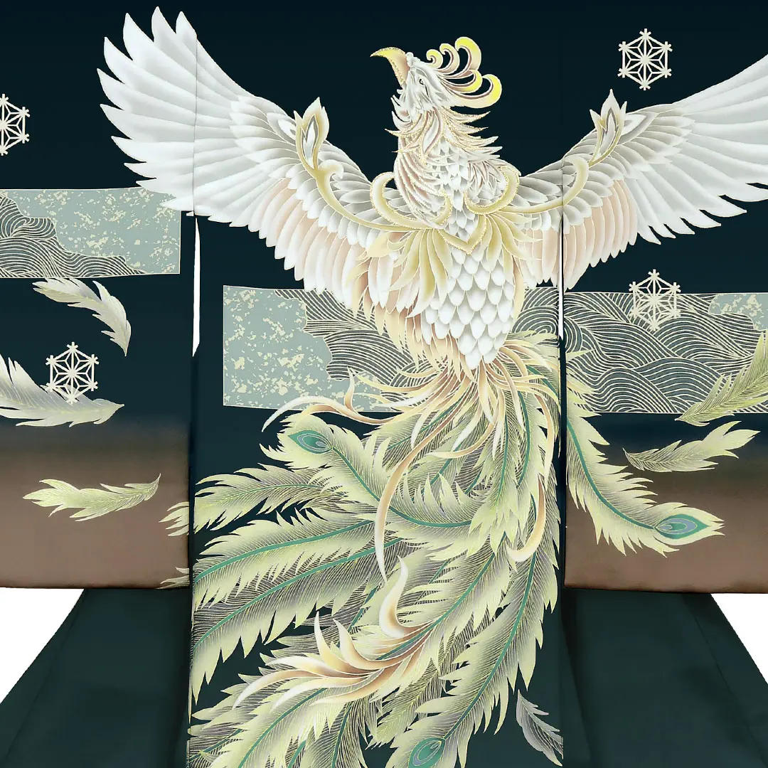 お宮参り産着／黒地に鳳凰と雪の結晶の祝い着／男児（ポリエステル）／背中詳細