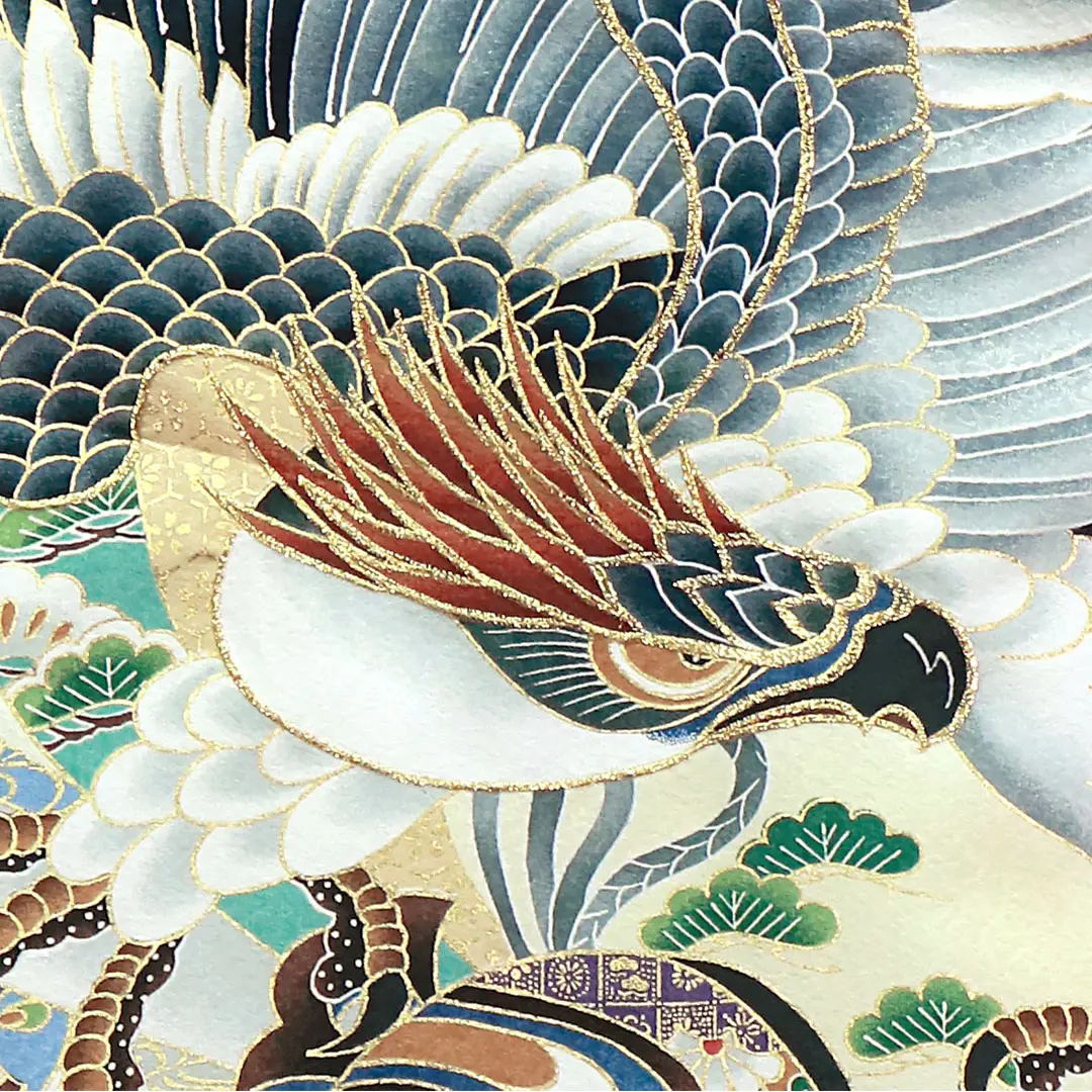 お宮参り産着／黄緑地に鷹と束ね熨斗の祝い着／男児（ポリエステル）／背中の柄詳細