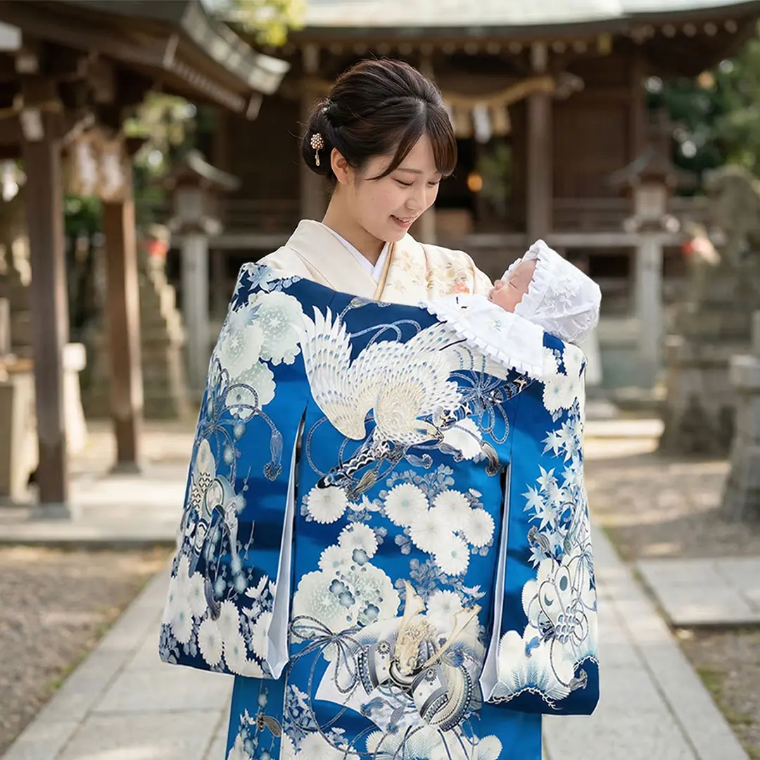 お宮参り産着レンタル／《華徒然》青と紺地に鷹と兜、四季草花の祝い着