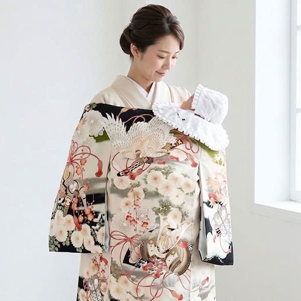 お宮参り産着／《華徒然》生成と黒地に鷹と兜、四季草花の祝い着／男児（ポリエステル）