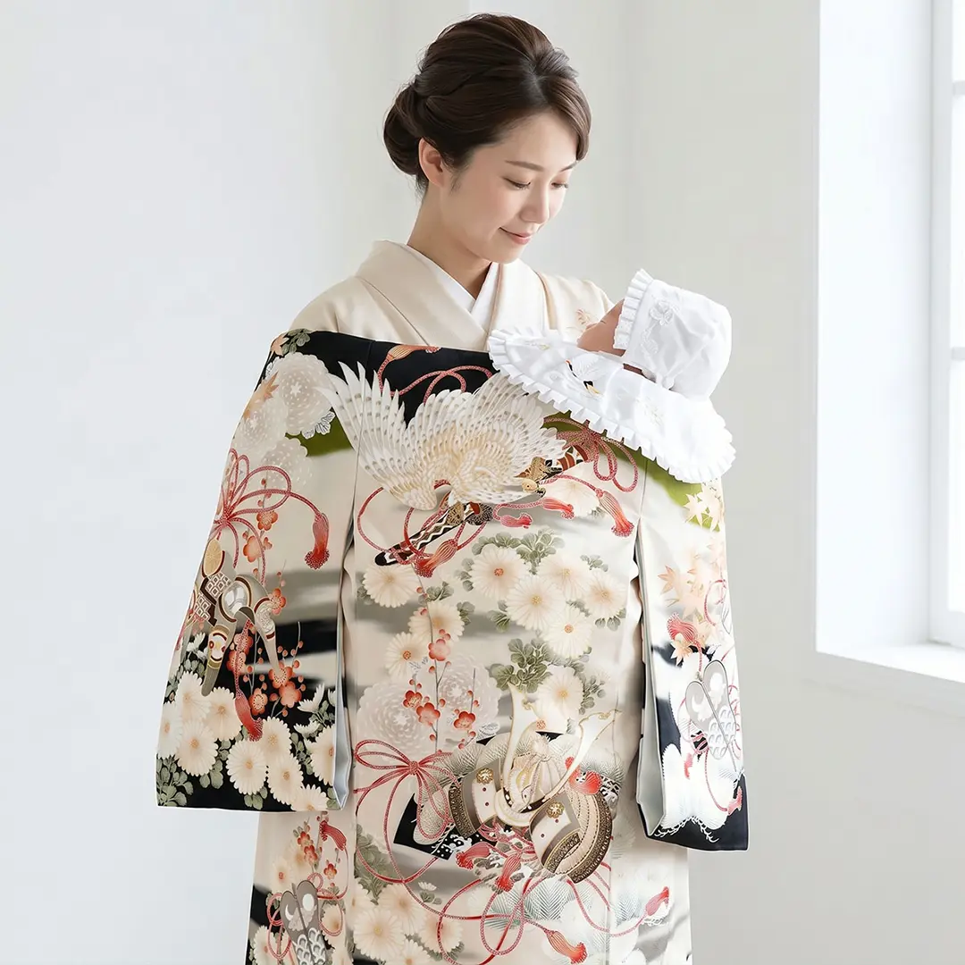 お宮参り産着／《華徒然》生成と黒地に鷹と兜、四季草花の祝い着／男児（ポリエステル）／着用イメージ