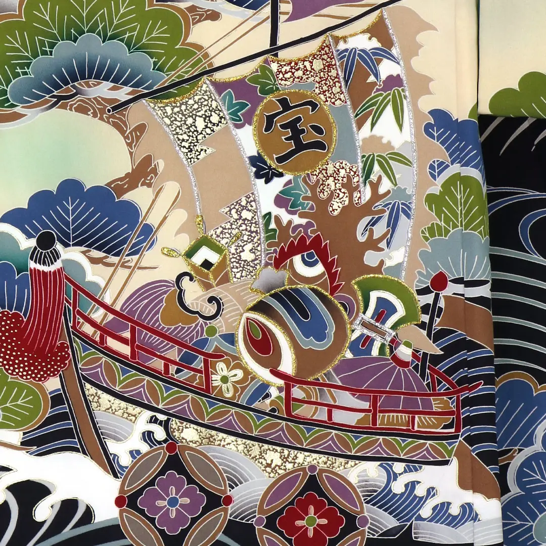 お宮参り産着／黒地に鷹と宝船の祝い着／男児／背中の柄詳細3